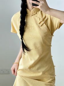 Stunning Young Girls Vintage Yellow Full Open-Front Cheongsam Dress Beautifully Crafted Traditional Chinese Style Summer New Arrival