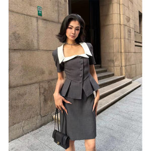 French Vintage Gray Square Neck Color Block Fashion Outfit Set