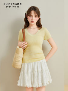 Wool Knitted U-Neck Top And Puffy Skirt Two-Piece Set Summer Fashion Ensemble Short Sleeve Overhead Wear by Chinese Manufacturer