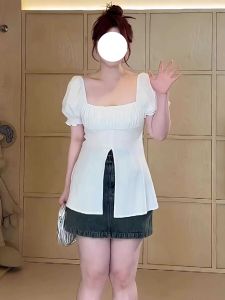 Gu Jing Plus Size French Style Square Collar Split Stylish Short Sleeve Shirt Womens Summer Slightly Oversized Girls Chic and Beautiful Small Top