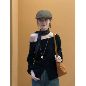 เสื้อสเวตเตอร์ถักแขนยาวสไตล์เกาหลีสำหรับผู้หญิง ทรงเข้ารูป ดีไซน์ไม่สมมาตร คอกลม สีพื้น เสื้อผ้าทำงานฤดูใบไม้ผลิ