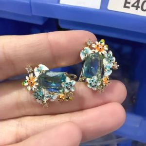 Huitan Blue Yellow Flowers Enamel Earrings with Big Sky Blue CZ Aesthetic Drop Earrings for Women Wedding Party Unique Jewelry