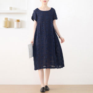 Summer 2025 Original Design Tassel Patch Texture Lin Dress Loose Waist Artistic Large Size Skirt Retro round Neck Short Sleeve