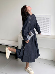 French Vintage Denim Dress Womens Spring Autumn New Design Sensation Beautiful Slimming Long Dress A-Line Skirt Polo Collar
