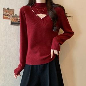เสื้อสเวตเตอร์ถักสีแดงคอปกสูงครึ่งตัวสไตล์ฝรั่งเศสสำหรับผู้หญิง ฤดูใบไม้ร่วง ไซส์ใหญ่ เสื้อชั้นในสีพื้น เสื้อชั้นในส่วนบน
