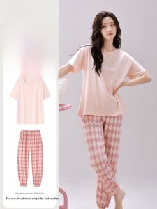miiow | MiiOW Modal Sleepwear Women Summer Thin Cool Feeling Short Sleeve Long Pants Set Sweet Girl Home Clothes Cotton Modal Spandex