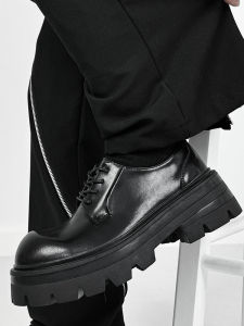 British Cleanfit Style Thick Sole Derby Shoes Mens Height Increasing round Toe Work Clothing Leather Shoes Black Authentic Leather Platform Big Head Shoes