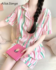 อลิซ่า Sonya ชุดนอนสำหรับผู้หญิงชุดกางเกงขาสามส่วนสำหรับผู้ชายแขนลำลองขาสั้นชุดนอนผ้าฝ้ายใหม่