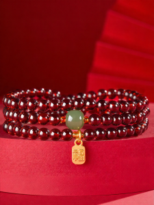 HONGLIANGYUAN | Birthday Gift Luck Charm Beaded Bracelet with Garnet Jade Crystal Three-layer