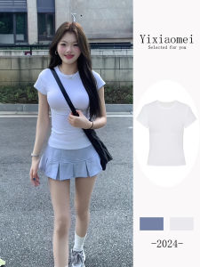 White Short Sleeve T-Shirt Womens Summer New Style Small Size Short Waist Slimming with Pleated Skirt Top Commute Simple Style