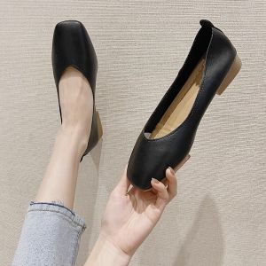 Soft Leather Slip-On Low Heel Womens Shoes Korean Style Square Head Fashionable Casual Depth Mouth Single Shoes for Women