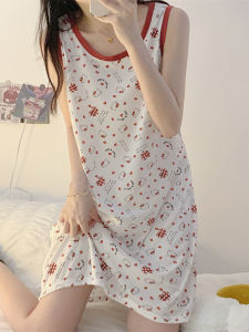 Summer Thin Vest Nightgown Womens Sweet Cute Student Girl KT Cat Strap Sleepwear Polyester Fabric Print Design Mid-length Skirt
