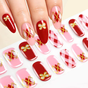 16Tips UV Required Gel Nail Wraps Red Pink Plaid Gold Bow Oval Shape Adhesive Nails Stickers for Women Holiday Work DIY Manicure
