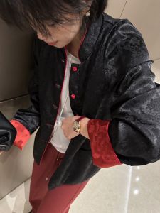 Double-Sided Wear Red Dragon Pattern Stand Collar Button Sleeve Color Block Floral Embroidery Fashionable Chinese Style Jacket