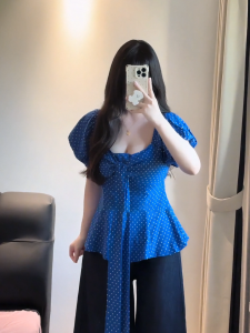 Sweet And Spicy French Style Bow Tie Shirt Womens Slim Fit Short Sleeve Sweetie Girl Waist Cinching Meat Concealing Top