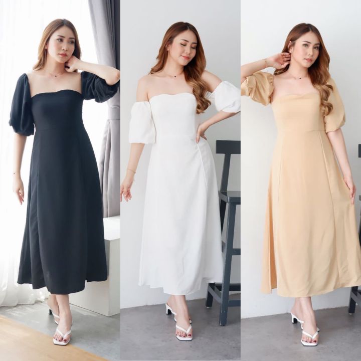 Rich Dress Korean Simple Basic Polos Midi Sabrina Dinner Black White Cream  Yellow Casual Korea Style Look Gaun Cantik Manis Elegant | Lazada Indonesia