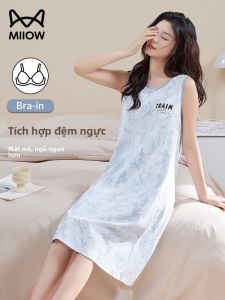 MiiOW | Váy ngủ cotton nguyên chất mùa hè cho nữ váy ngắn không tay áo vest quần áo mặc nhà có đệm ngực mặc ngoài trời