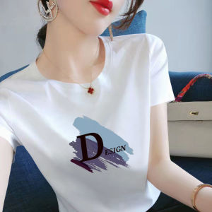 2023 Short Sleeve Niche Style Summer New Arrival Print Pure Cotton Womens Wear White round Neck T-shirt Female plus Size Loose Top