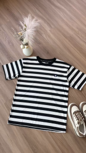 ZEKE A0044 Mens T-shirt Black and White Striped Embroidered Logo Short Sleeved Shirt Lelaki Baju