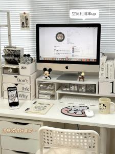 Elevated Desktop Computer Monitor Stand Desk Organizer Modern Minimalist Style Wood Material Adult Suitable Office Desk