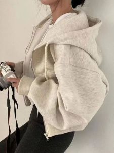 Áo Khoác Nữ Có Mũ Trùm Đầu Màu Trơn Dài Tay Cài Khóa Kéo Ngắn Thường Ngày Áo Khoác Ngoài Phong Cách Đường Phố Mùa Xuân