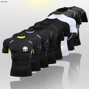 Summer Compression Sweatshirt Short Sleeve Mens Fitness T-Shirt Running Quick-Dry Top Gym Workout Bodybuilding