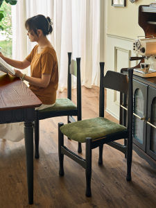 French Style Solid Wood High Back Dining Chair Home Restaurant Use Black Retro Chair Movable Artistic Style Universal Furniture
