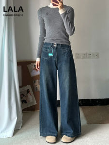 Deep Blue High Waist Wide Leg Jeans Womens Autumn New Style Slimming Loose Straight Floor-Length Casual Denim Pants