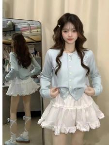 Ballet Style Knitted Open Cardigan Soft Blue Butterfly Knot Korean Sweet Top Long Sleeve round Neck Sweater Outerwear