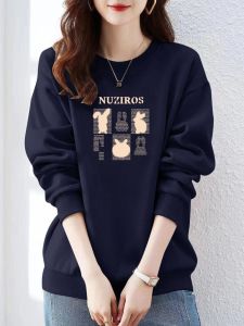 เสื้อฮู้ดคอกลมแขนยาวผ้าฝ้ายแท้หนาสำหรับผู้หญิงฤดูใบไม้ร่วง/ฤดูหนาว เสื้อสเวตเตอร์แฟชั่นลำลอง ทรงหลวม อบอุ่น ทรงเข้ารูป เสื้อผ้าทำงานสไตล์เกาหลี