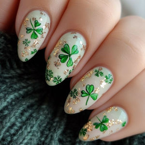 Medium fake nails for women girls green flora cute hat design for St. Patricks Day Square almond shape press on false nail art