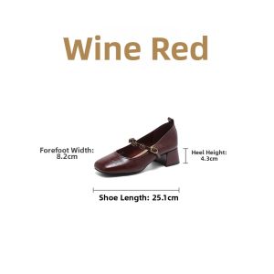 Josiny | Wine Red Mary Jane Shoes High Heel Square Toe 3D Camellia Design
