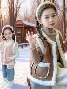 Thickened Fleece Warm Vest for Girls Autumn Winter Outwear Baby Girl Jacket Coat Korean Style round Neck Polyester Fiber