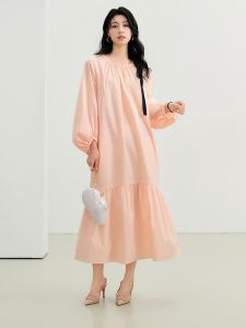 Basic House Casual Loose Bubble Sleeve Long Dress Womens Korean Style Cotton Spring Autumn New Arrival A-Line Skirt Dress