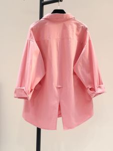 Elegant Off-Pink Design Sensation Loose Womens Shirt Spring 2025 Korean Style Casual Long Sleeve Polo Collar Single Button