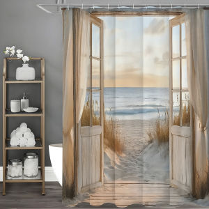 Ocean Beach Wooden Door Botanical Shower Curtain Bathroom Decorative Shower Curtain Waterproof Shower Curtain with Hooks