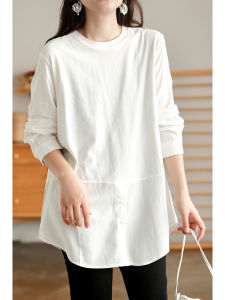 Big Sale Leak-Picking ~ Mid Length Long Length White T-shirt Female Loose Casual European Goods Patchwork Cotton Inner Bottoming Shirt Long Sleeves Tops