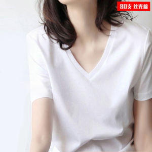 Pure Cotton V-Neck Short Sleeve T-Shirt Womens White Summer Silk-Like Cotton Heart-Shaped Neckline New 2025 Shoulder-Length Body Fit