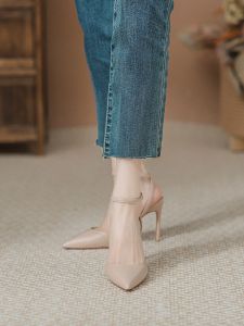 Feifei ฤดูใบไม้ผลิ ฤดูร้อน ใหม่ สีนู้ด รองเท้าส้นสูงสี French Pointed Toe ส้นบาง สายคล้อง ฝาครอบหัวที่ว่างเปล่ากลับรองเท้าเดียวสําหรับสตรี