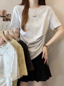 AIYITI | Áo thun nữ tay ngắn màu vàng thắt lưng mùa hè mới không đều gấp áo che bụng vai áo thường xuyên thấm hút mồ hôi