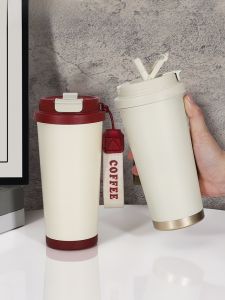 Mongdio Large Capacity Ceramic Inner Barrel Insulated Mug Portable Straw Cup for Coffee Outdoor Carry Modern Minimalist Style