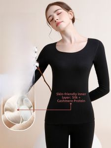 Thickened Fleece Warm Underwear Set for Women Winter Heating Autumn Clothes Two-Piece Long Sleeve round Neck Polyester Blend