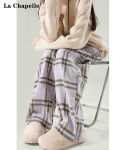 La Chapelle Purple Woolen Plaid Wide Leg Pants Womens Casual Straight Leg Trousers High Waist Vintage Spring New Arrival