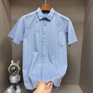 Withdraw Label-Cut Mens Green Short Sleeve Plaid Shirt Summer Pure Cotton Plaid Breathable Simple All-Matching Short-Sleeved Shirt