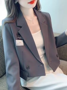 Grey Blazer Jacket for Women Loose Fit Korean Style Casual Western Clothing Long Sleeves Double-Breasted Buckle Pure Color