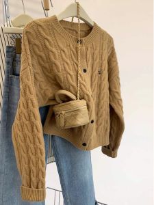 Soft Cozy Knitted Embroidered Open Cardigan Womens Autumn Winter 2024 New Lazy Style Warmth Outerwear Korean Loose Fit Long Sleeve round Neck Single Button