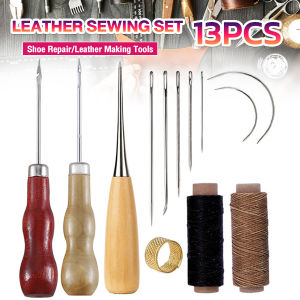 Digeo 13pcs DIY Leather Sewing Kit Sewing needle/Wooden Handle Awl/Wax Thread/Sewing Awl