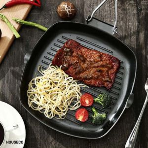 HouseCo | SQUARE GRILL PAN | Pots & Pans | Grill Pans | Non Stick | Dishwasher Safe | 20cm | Foldable | Iron Steak Frying Pan | Durable | Grill Pan with Wooden Folding handle | Reduce Oil Adsorption | Easy to Clean | Cast Iron | Lightweight | Best Seller