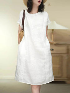 DAIXIANGFEIZI | Cotton Linen Summer Short Sleeve Midi Dress for Small Stature Ladies