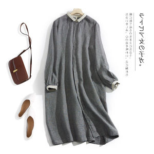 Spring & Fall Houndstooth Cotton Linen Mid-Length Shirt Dress Plus Size Womens Clothing Color Stitching Turnover Neck Slimming Long Sleeves Linen Dress